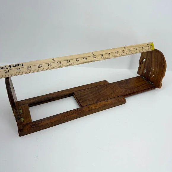 Hand Carved Wooden Elephant Sliding Bookrack Adjustable Folding Book Ends Brown - Picture 5 of 10